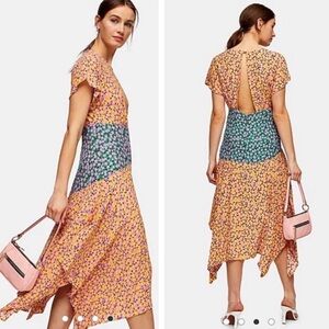 Topshop Petite Asymmetrical Floral Dress in Pink and Green